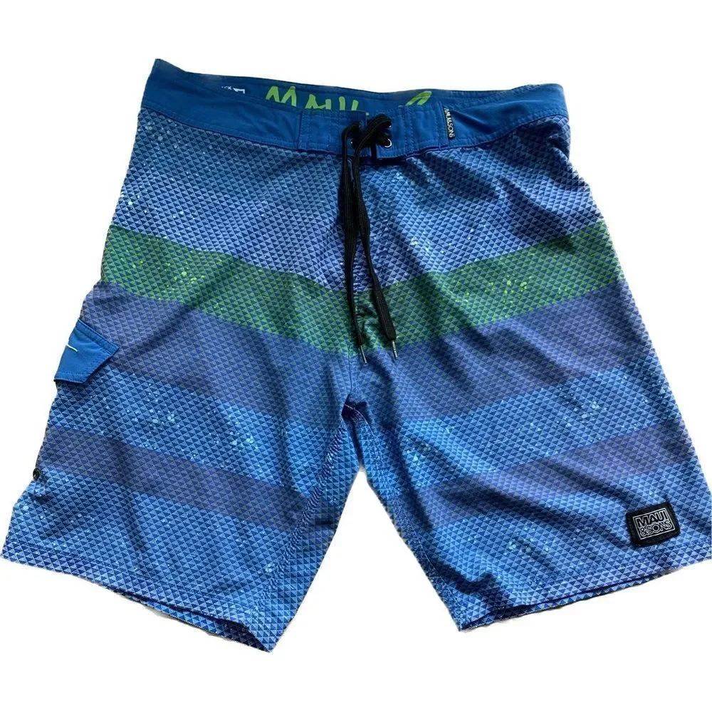 Maui and‎ Sons Men's Blue Green Striped Board Shorts Swim Trunks Size Large